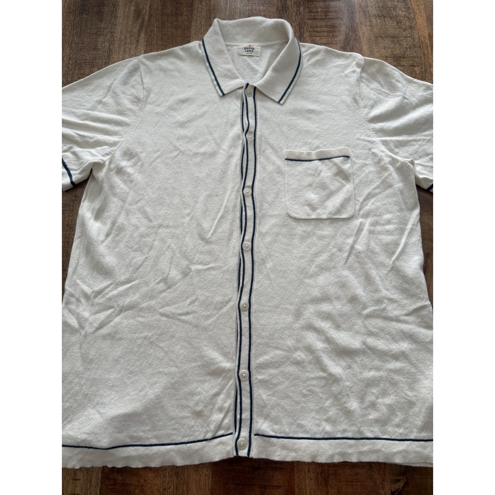 Marine Layer Elias Sweater Polo Men XXL Ivory Navy Wool Blend Button Cardigan